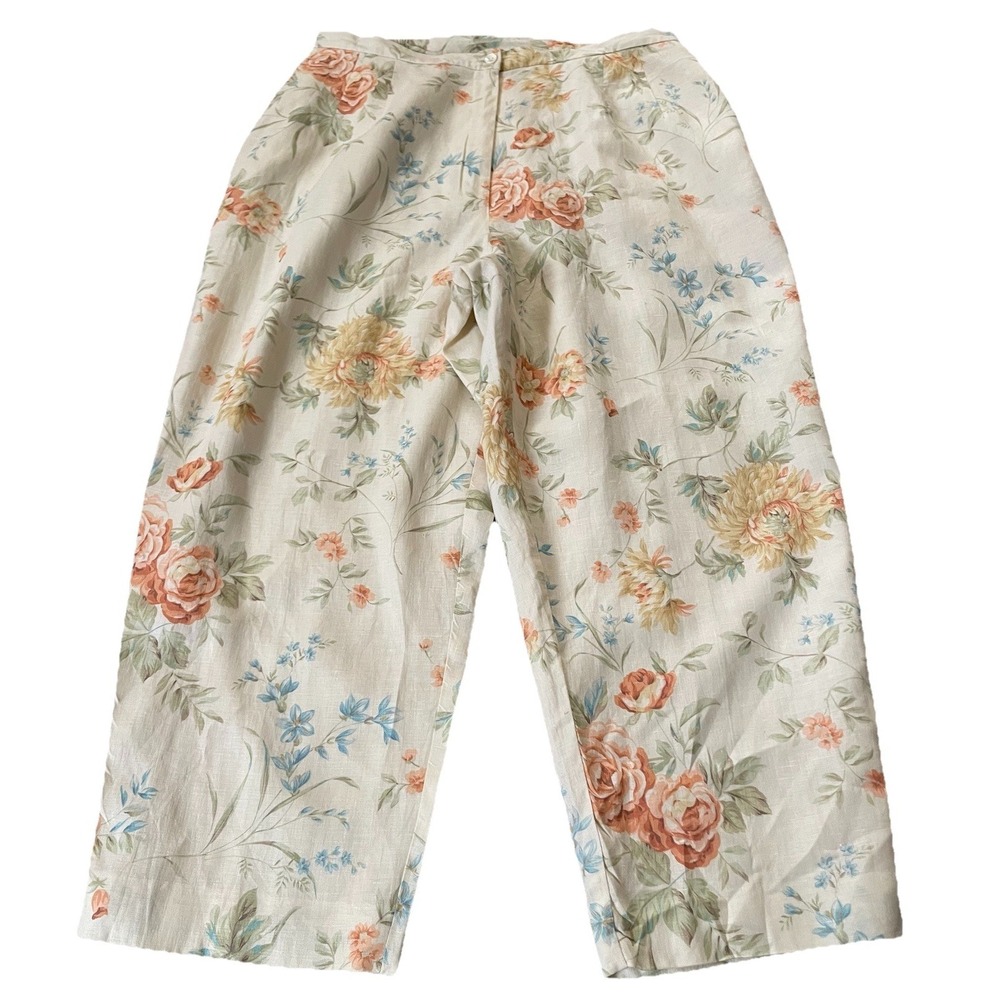 Vtg 80s Talbots Linen Floral Crop Pants 16W Orange Pastel Straight Leg Classic